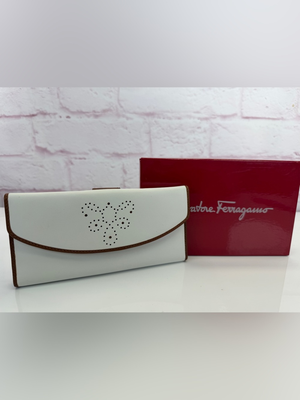 Salvatore Ferragamo Perforated Soft White Leather Continental Wallet